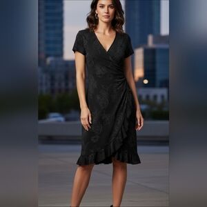 Black Sparkle Floral Wrap-Style Midi Dress